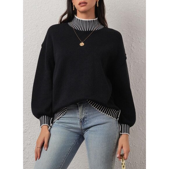 ✨Women's Black Fall Fashion Sweater Long Sleeve Striped Pullover Sweater Tops - Picture 3 of 7